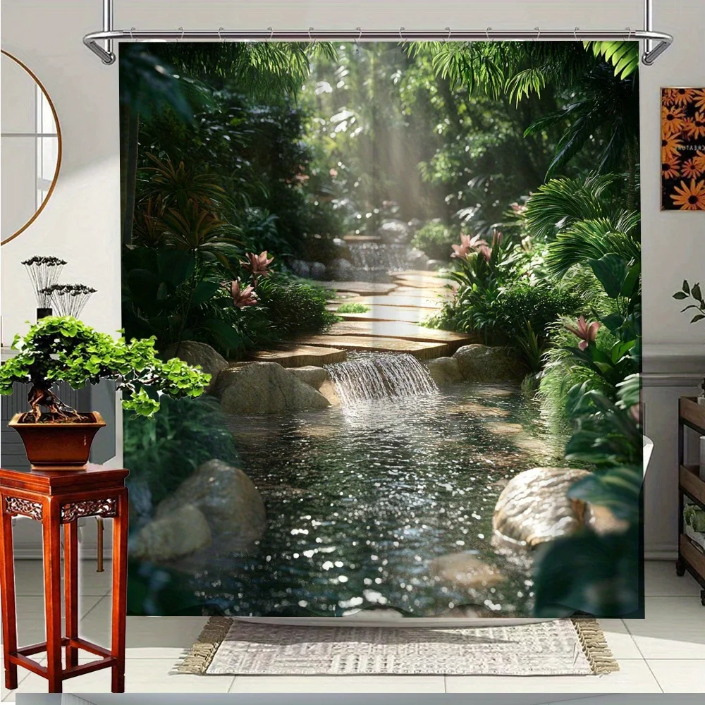 

1pc Tropical Garden Shower Curtain - Jungle Bathroom Decor with Waterfall, Large Bath Curtain (70.8x70.8 Inches), Machine Washab
