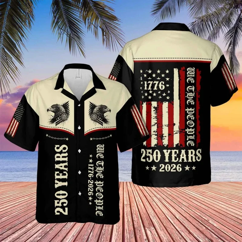 USA 250 Year Of Freedom Vintage Hawaiian Shirt For Men 3D Printed Patriotic Eagle Flag Summer Button Blouses Lapel Aloha Shirts