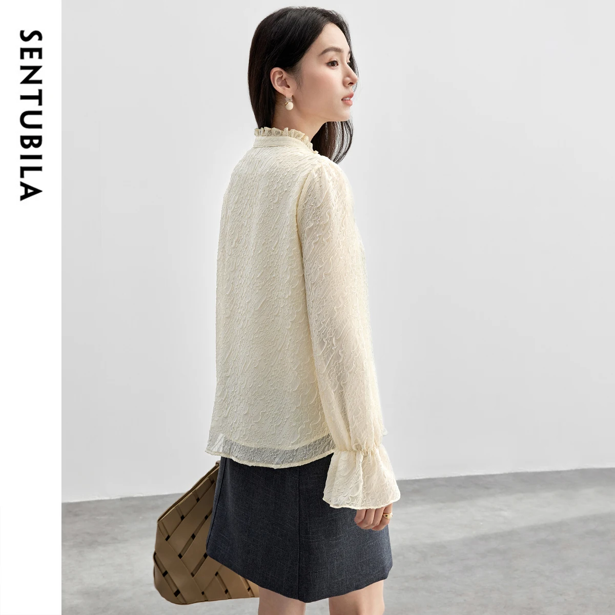 SENTUBILA Jacquard Ruffles Shirts for Women 2025 Spring Vintage Elegant Stand Neck Flare Sleeve Chiffon Blouses 151C58162