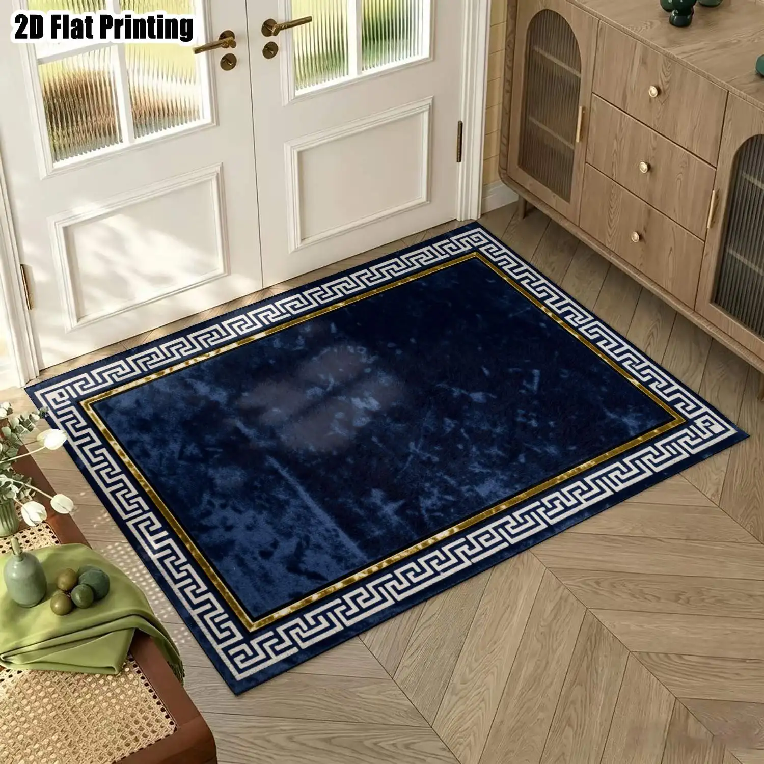 1Pc 2D Printed Navy Blue Geometric Pattern Carpet: European Modern Minimalist Home Decor Mat, Multi-Size, Machine Washable, for Entrance, Dining, Foyer, Study, Living Room, Bedroom