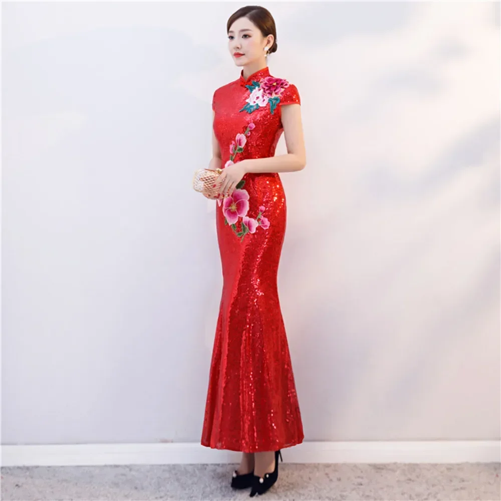 chinese new year women clothes embroidery long dress red chinese mermaid tail wedding Sequin cheongsam qipao plus Size hanfu