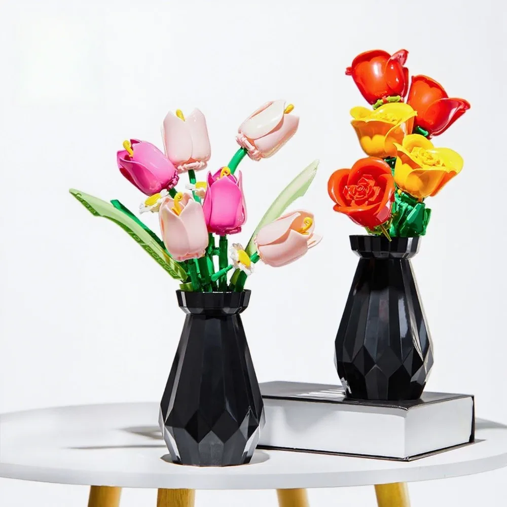 

223 шт. или 249 шт. креативные строительные блоки-тюльпаны, букет цветов, ваза, модель, набор кирпичей, украшение дома, детская игрушка для девочек, подарок