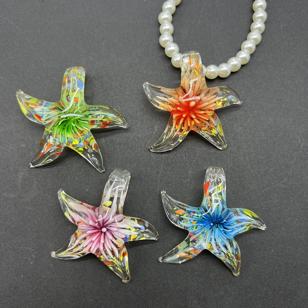 1PCS Handmade Murano Glass Quartz Crystal Starfish Pendant Necklace For Women Lampwork Glaze Charm Summer Beach Gift Jewelry