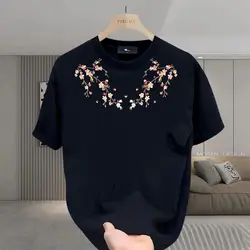 Summer New Men's Pure Cotton Pullovers Solid Color Printed Crew Neck Casual Fashion Loose Comfortable Short Sleeve T-shirt Tops