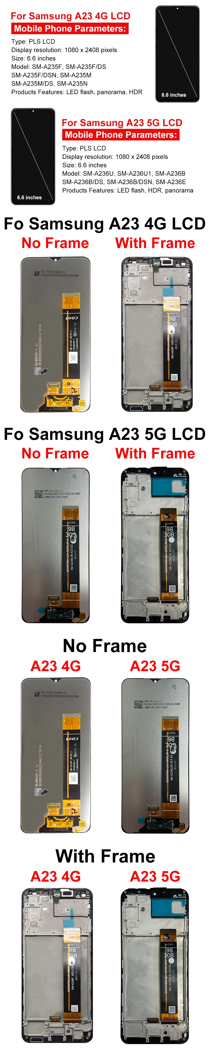 6.6” For Samsung Galaxy A235 A235F LCD A236 Display Touch Screen Digitizer Assembly For Samsung A23 4G 5G A236B LCD Replacemen