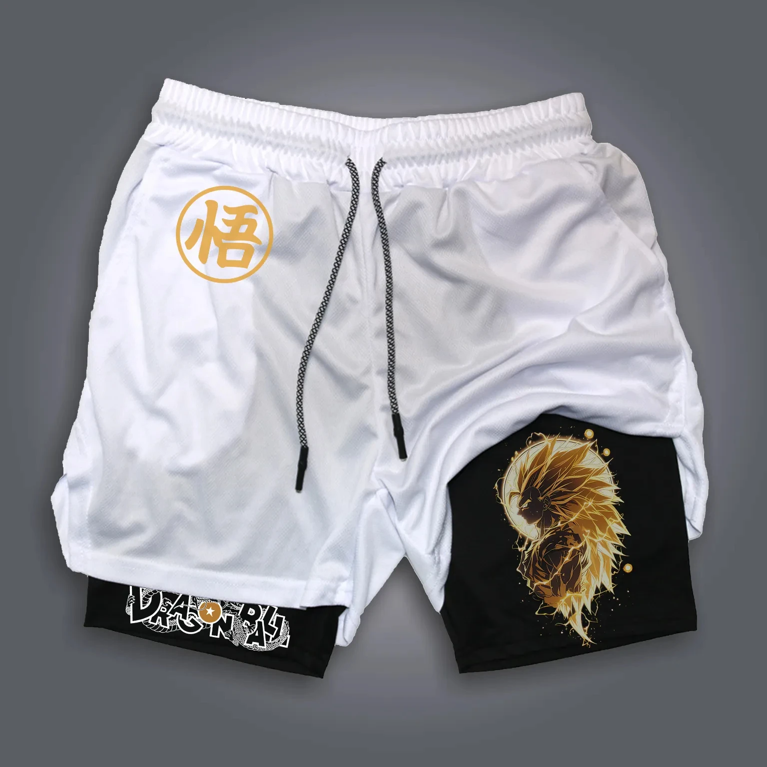 Nuevos pantalones cortos deportivos de doble capa con estampado periférico de animé Dragon Ball GOKU, pantalones transpirables sueltos de verano americano para hombres