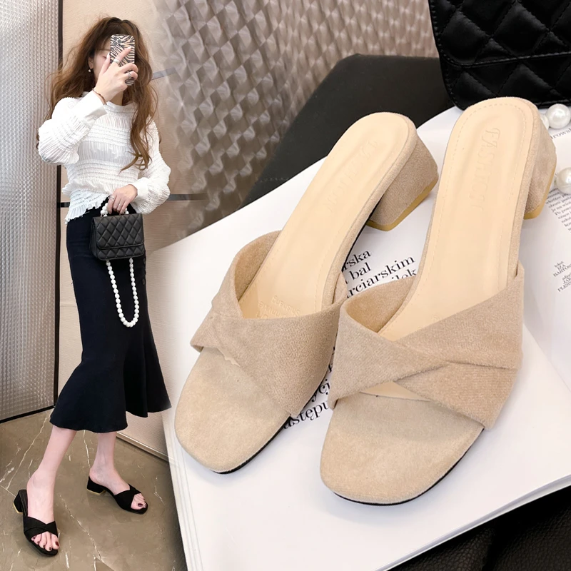 Designer Women High Heels 2024 Summer New Fashion Thick Heel Luxury Open Toed Shoes for Women Solid Slippers Female Mujer