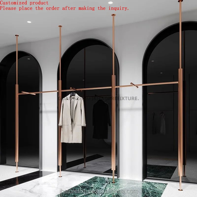 

Customized Size Rose Gold Woman Shop Display Stainless Steel Woman Shop Display Display Racks for Boutique