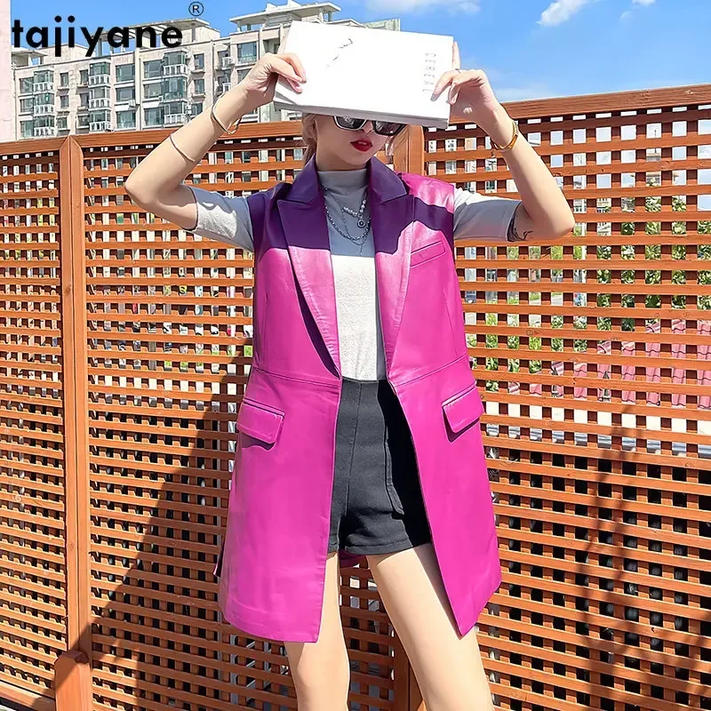 Tajiyane Gilet in vera pelle da donna Giacche in vera pelle di pecora Giacca senza maniche da donna Cintura cappotto in pelle sottile di media lunghezza
