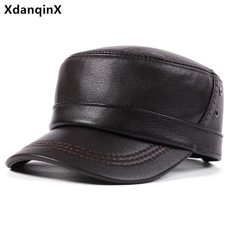 

Autumn Natural Genuine Leather Hat Warm Military Hats Flat Caps For Men Personality Fashion Brands Sheepskin Leather Cap gorras