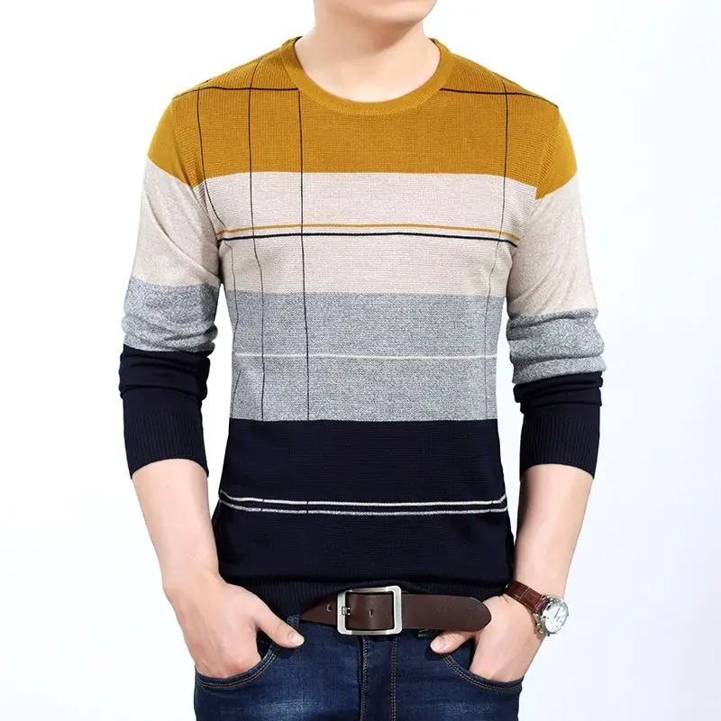 Fashion Men Long Sleeve Contrast Color T-shirt Spring Autumn New Slim Male Clothing Vintage Round Neck Casual Knitted Tops 2023