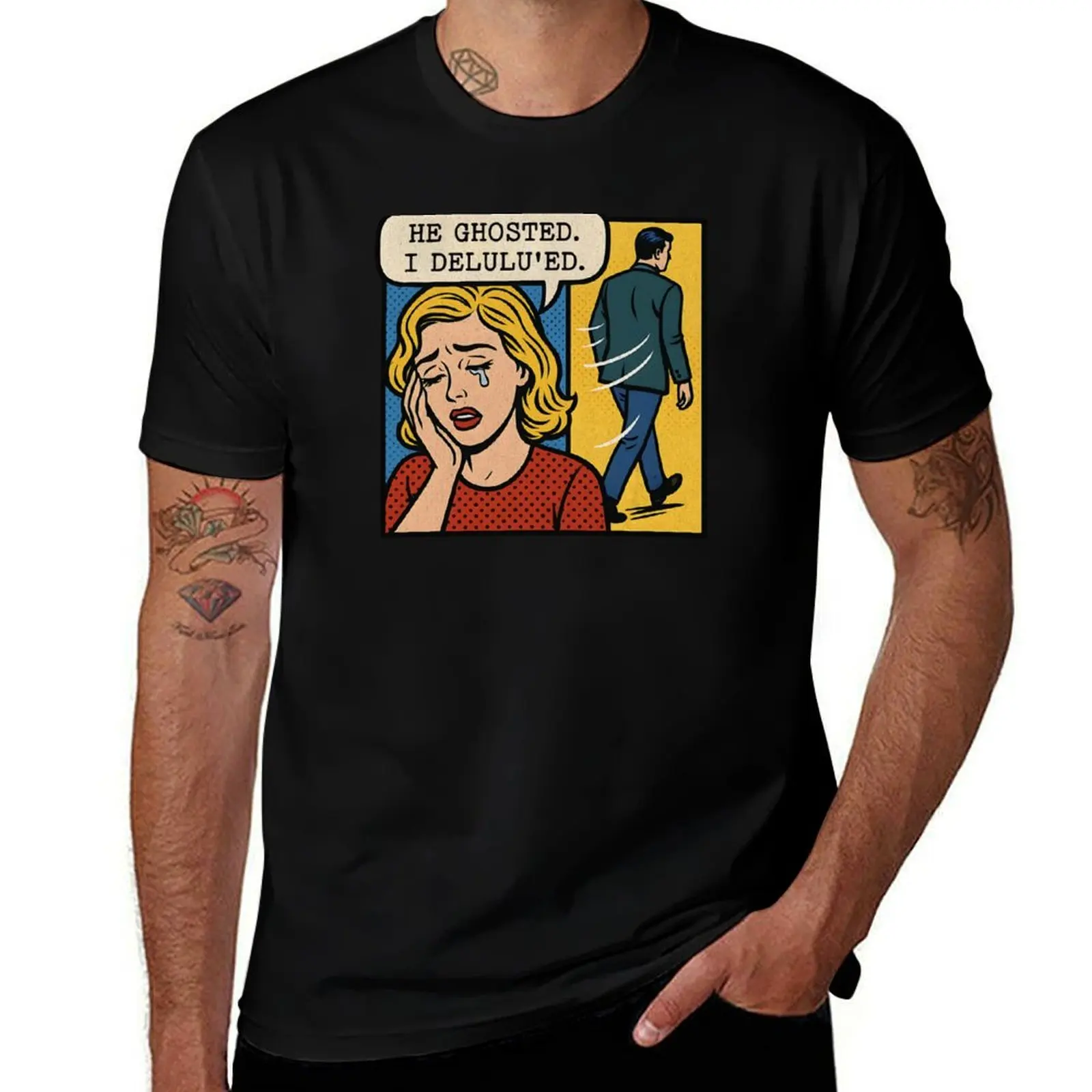 

He Ghosted I Delulu’ed – Funny Breakup Pop Art Comic Design T-Shirt summer shirt summer top summer tops clothing for men