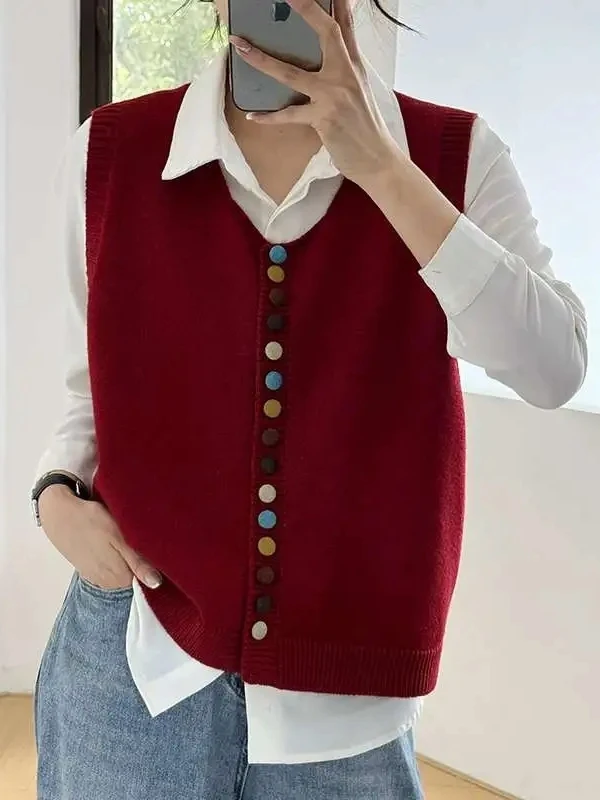 Retro Stylish round Neck Knitted Sweater Women's Spring Autumn Loose Sleeveless Open Cardigan Vest Versatile Shoulder Bared