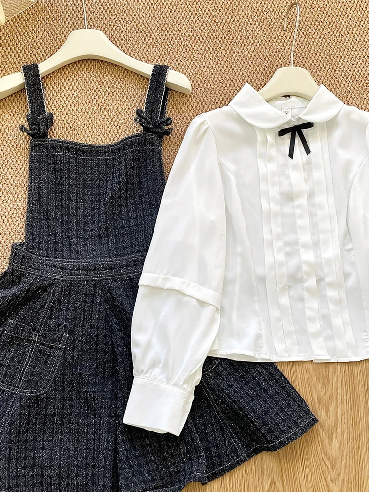 Jesień Zima Kobiety Koreański Vintage Sweet Ballet Core Stroje 2-częściowy zestaw Koszule z długim rękawem + Mori Girl Halter Denim Mini sukienka