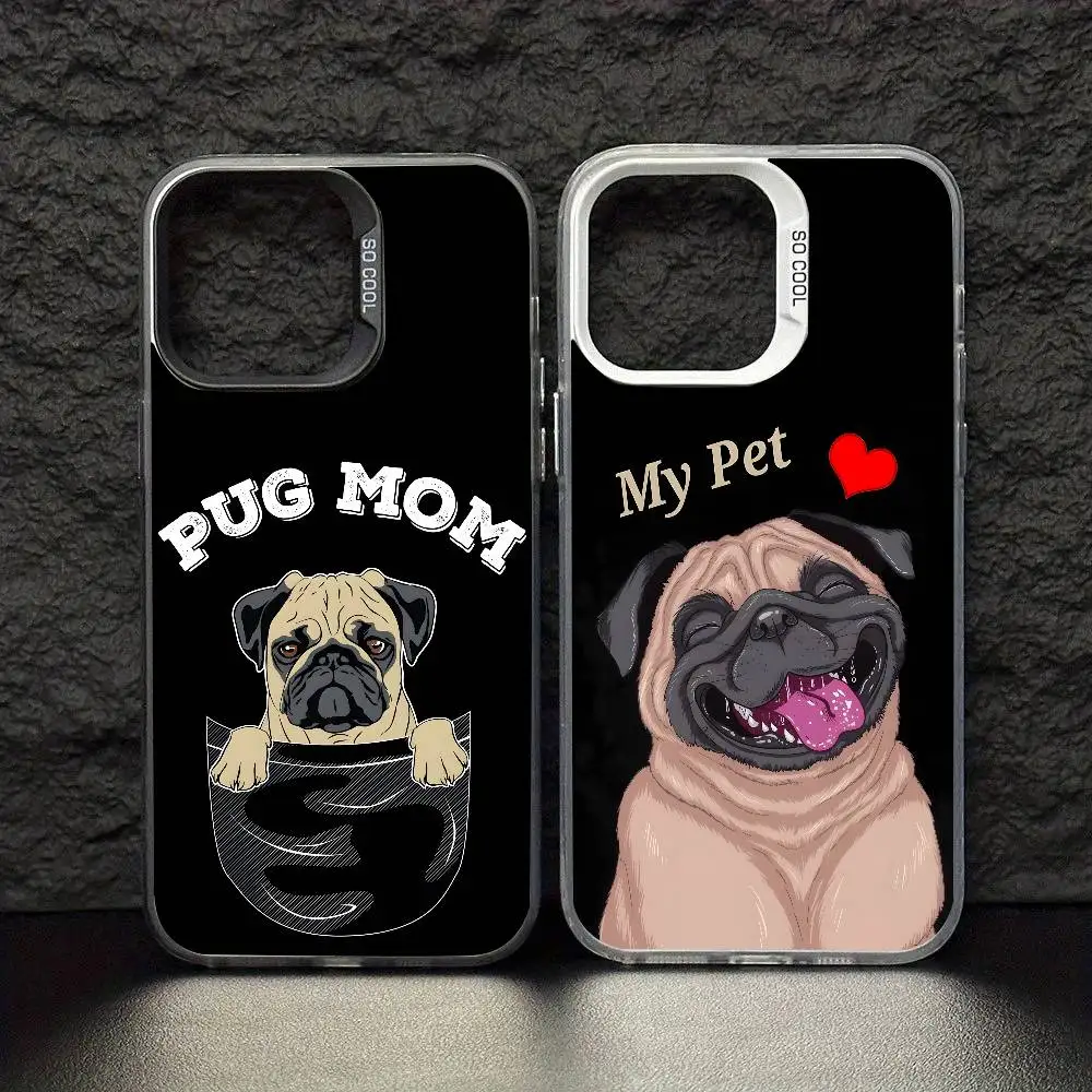 

Pug Dog French Bulldog Phone Case For iPhone17,16,15,14,13,12,11 Pro Max Blcak Colorful Silver Plated Inside Phone Case