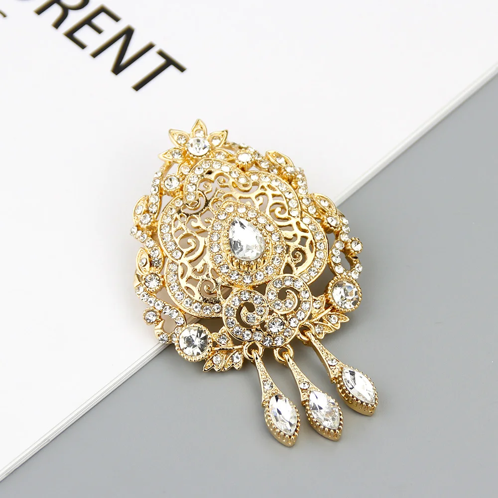 Sunspicems Morocco Gold Color Caftan Brooch for Women Turkish Wedding Dress Jewelry Arabic Full Crystal Hijab Lapel Flower Pins