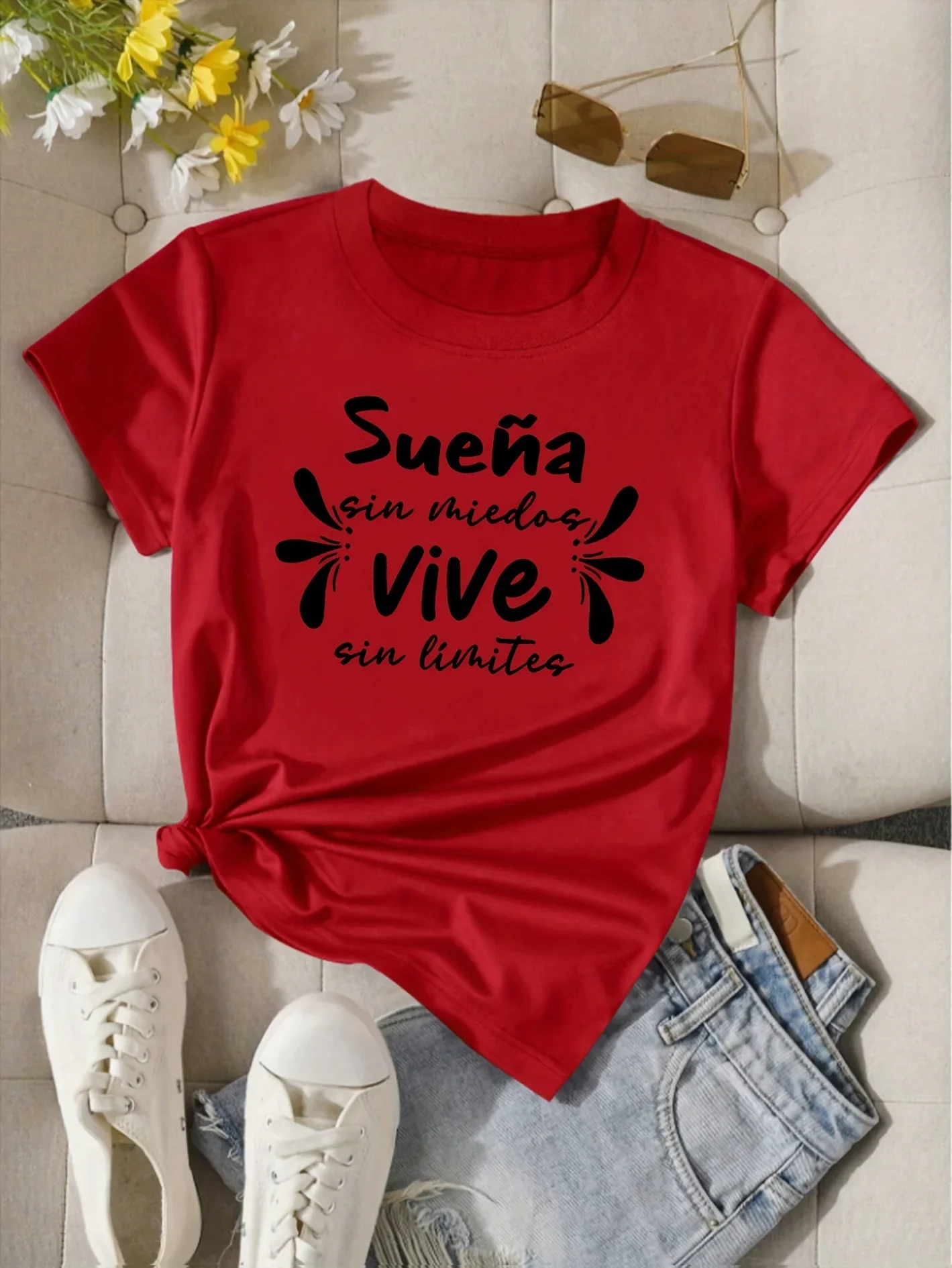 

Дышащая ткань с графическим принтом, универсальная весна-лето, повседневная женская повседневная одежда с коротким рукавом, испанская вдохновляющая цитата с цветочным принтом