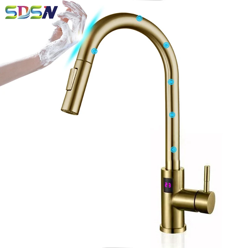 Brushed Gold Touch Digital Kitchen Faucets Hot Cold Pull Out Kitchen Sink Mixer Tap Smart Digital Touch Kitchen Mixer Faucet