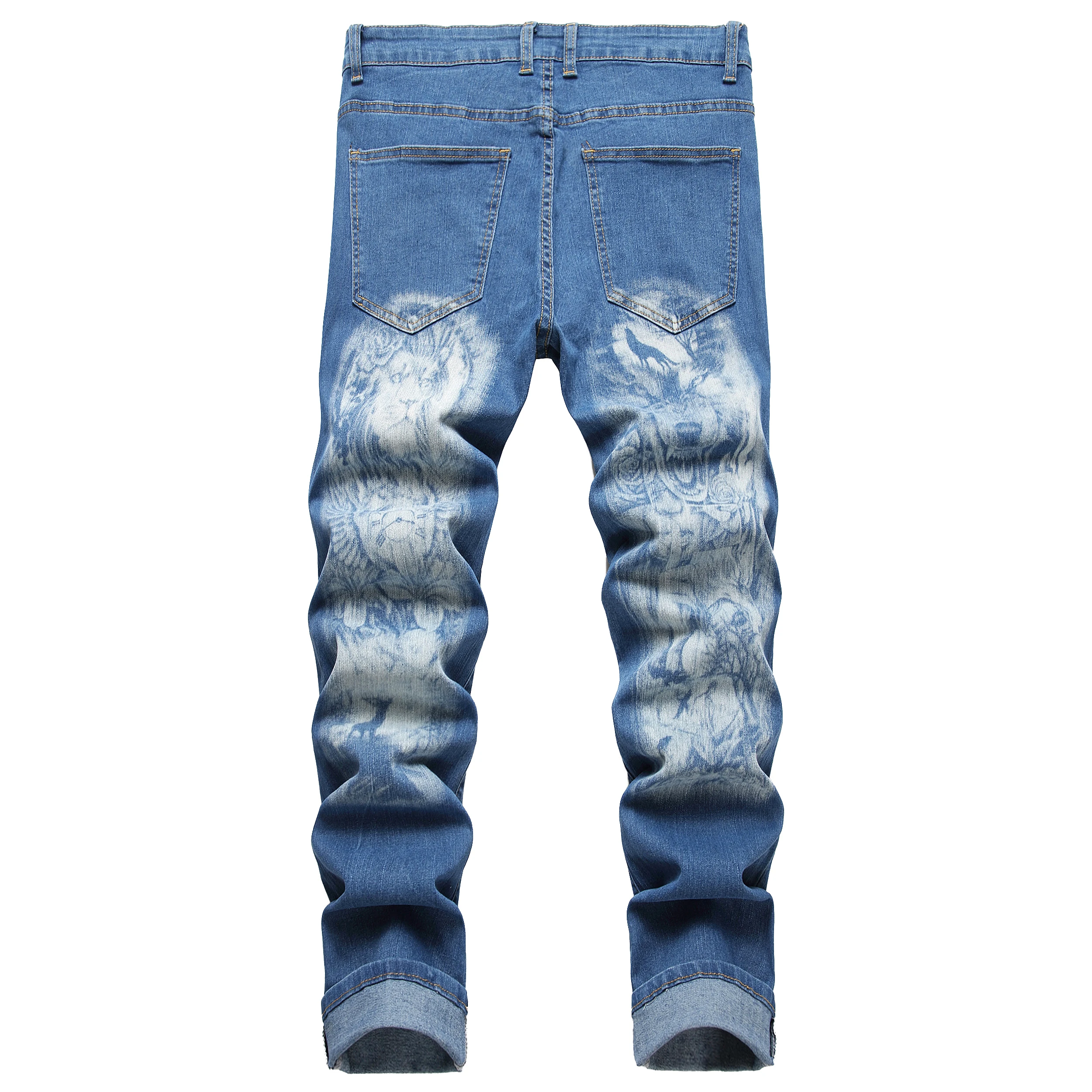 Men's printed pants; Men's printed wolf head pattern jeans; Stretch blue jeans90036