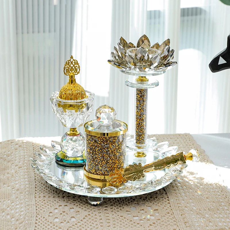 2023 Luxury Arabic Crystal Incense Burner Holder Set Dubai Mubkhar Bakhoor Glass Crystals Censer for Home Decor Ramadan Aromath