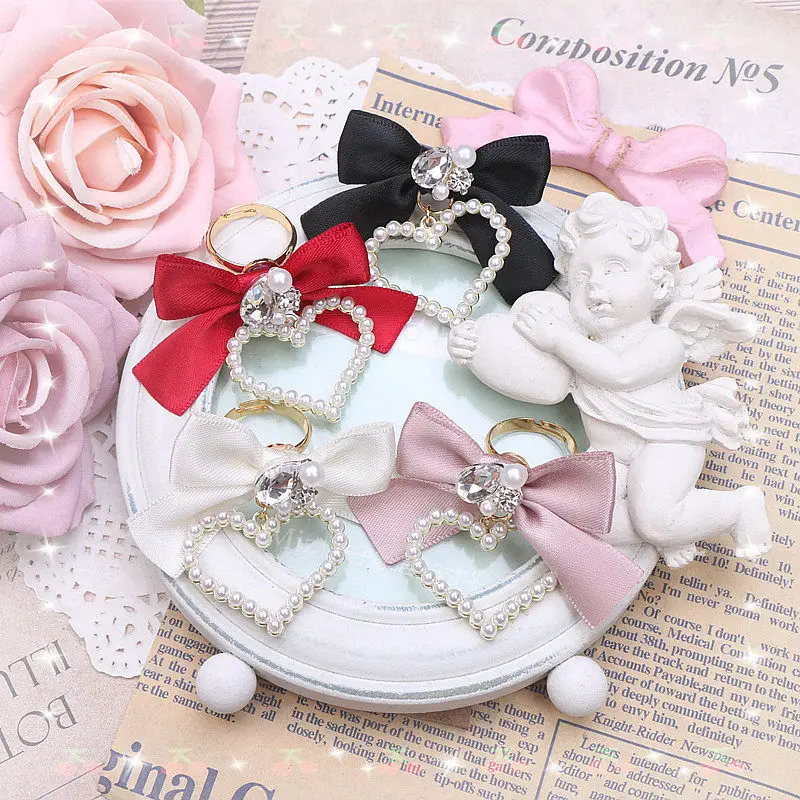 

Сладкое розовое кольцо с бантом из лент, ручной работы, для повседневного образа в стиле Лолита, с подвеской в виде сердца со стразами.