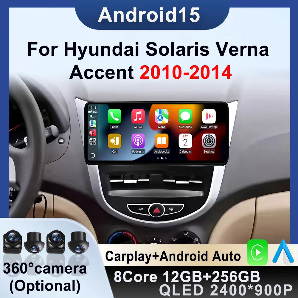 GPS Navi Android 15 12.3 inch Carplay for Hyundai Solaris Verna Accent 2010 - 2014 UItra-thin Screen Multimedia Player WIFI DSP