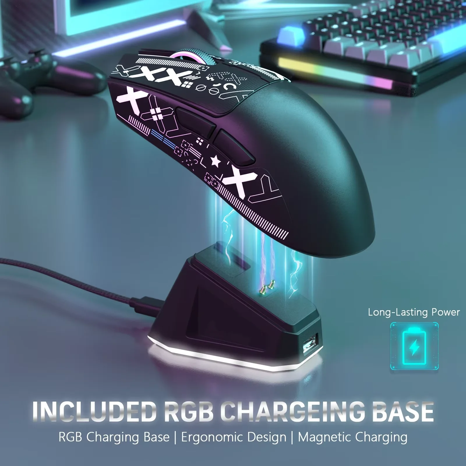 NEW RGB Backlit Wireless Gaming Mouse with Charging Base Triple Mode 1K Optical Ergonomic Mouse For Esports 2026