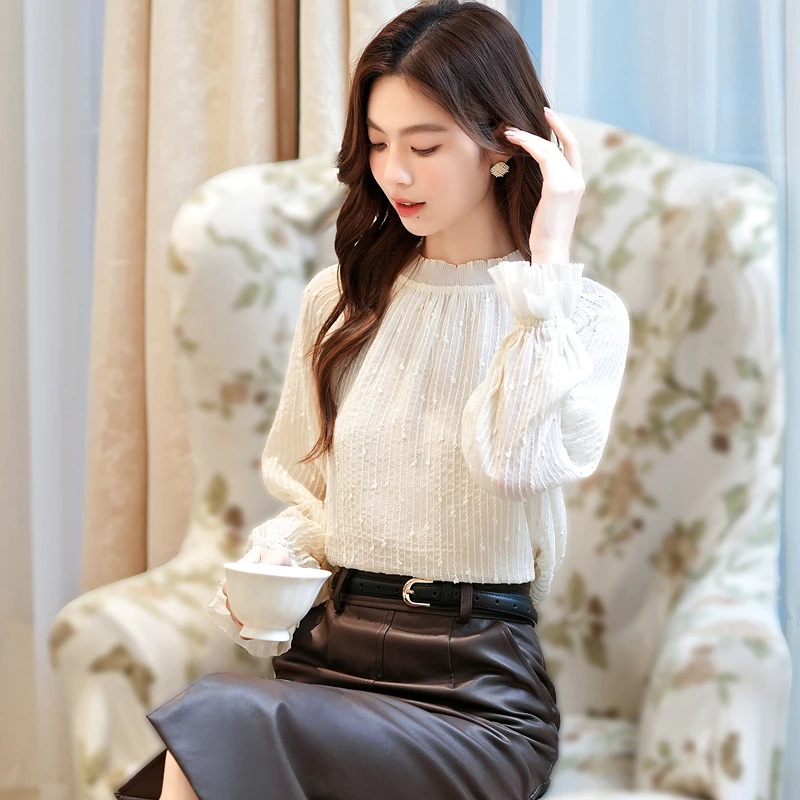 المرأة بلوزة قميص جديد طويل الأكمام الوقوف طوق أنيقة بلوزة شيفون قميص المرأة بلايز البلوزات قمصان Blusas Camisas 2025 Q729