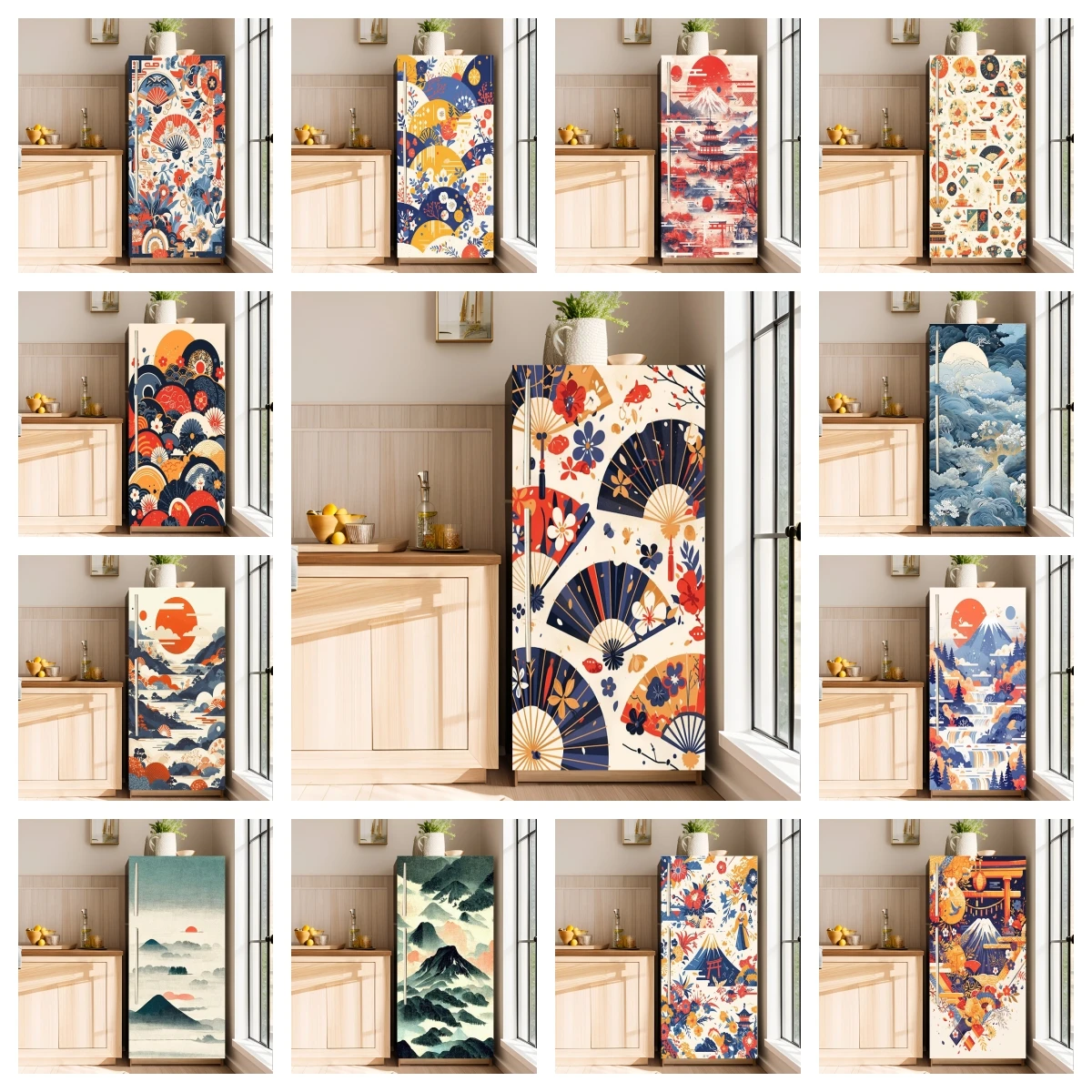 Japanese Ukiyo-e Multi-Door Fridge Sticker Full Doors Covered Wallpaper Self-adhesive Stickers for Wall Decals Home Decoration