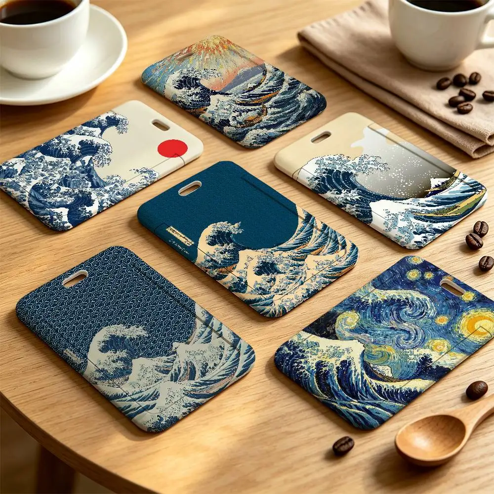 Great W-Wave Kanagawa Art Clear Window ID Card Holder, Business Badge Holder With Neck Lanyard, Office Work Permit Card Cover