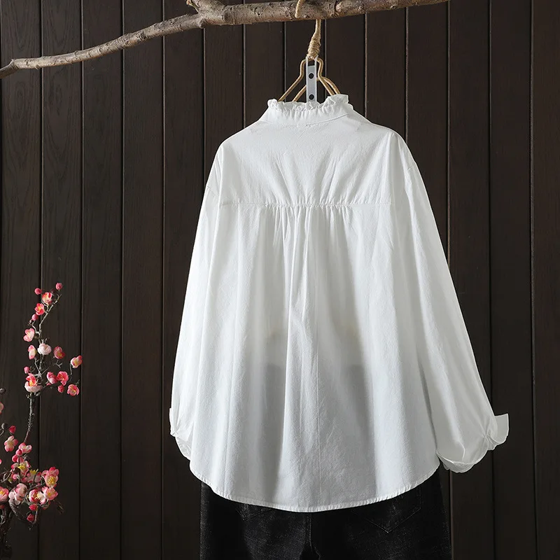 100% Cotton white blue black women elegant shirts fall clothes 2024 women Korean fashion long sleeve tops ladies pleated shirts