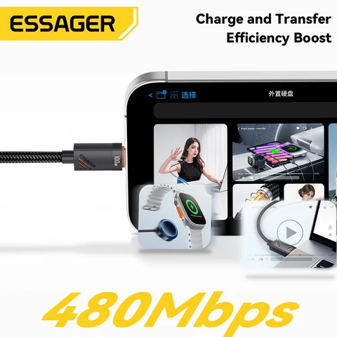 Essager Пружинный кабель Type-C 100 Вт для быстрой зарядки iPhone, Macbook, iPad, Xiaomi, Samsung — фото товара