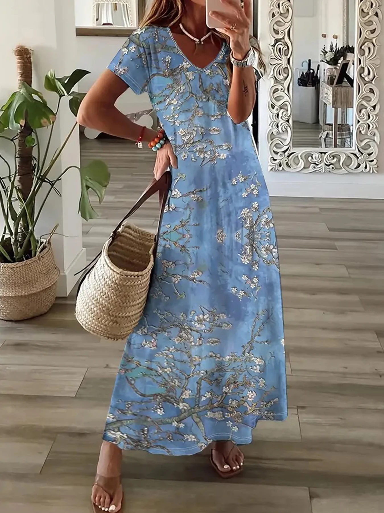 Robe élégante pour femmes, fendue, décontractée, manches courtes, Maxi, t-shirt de vacances, débardeur, vêtements de plage fluides pour le Style de vacances