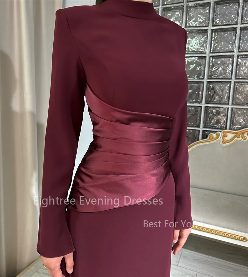 Eightree Burgundy Dubai Luxury Evening Dress Long Sleeves Satin Mermaid Long Vestidos Elegant Long Formal Party Dress Customized