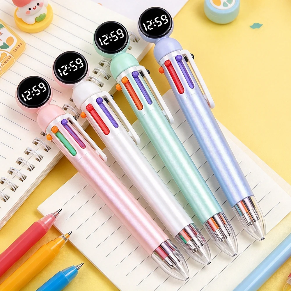 College Style Exam Multi-Color Click Ballpoint Pen Topper Multifunctional Stationery Pen Pocket Watch LED Silent Clock Kids Gift