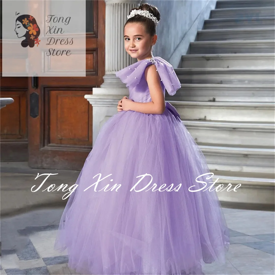 Lavender One Shoulder Big Bowtie Pageant Flower Girl Dress Beautiful Pearls Soft Tulle Floor Length First Communion Gown