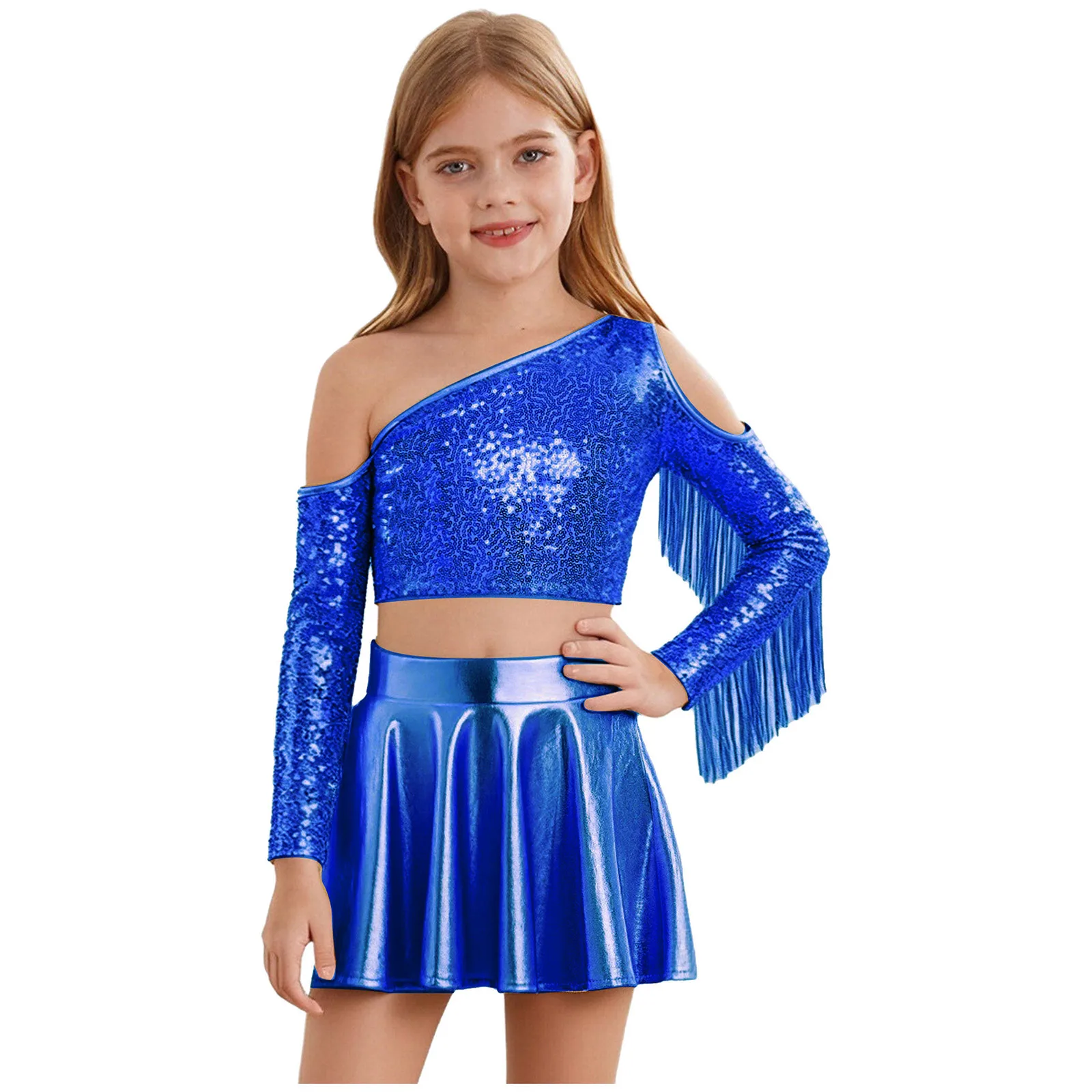 

Girls Belly Jazz Dance Costume One Shoulder Long Sleeve Tassel Sequined Crop Top And Skirt for Stage Ballroom Dance Performance