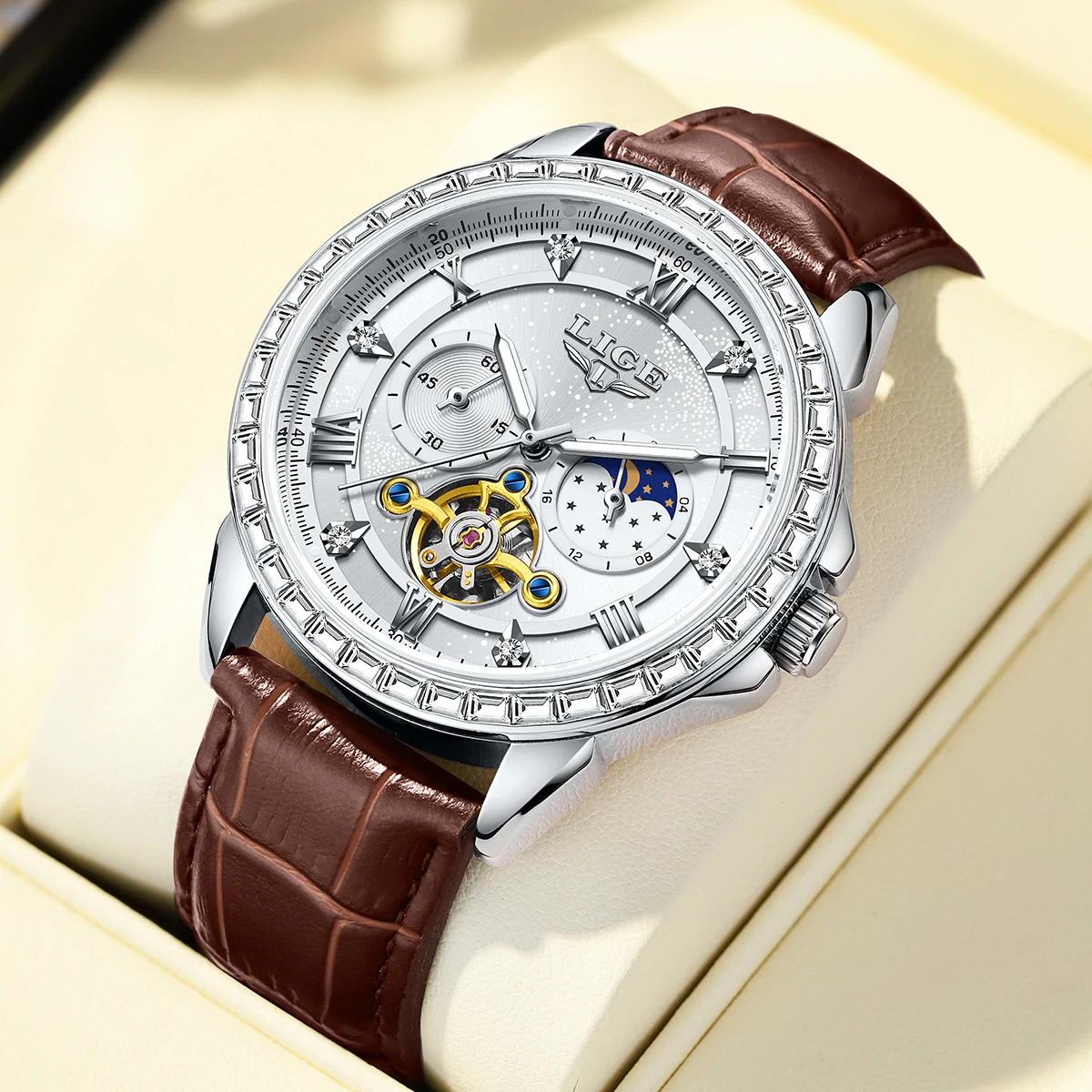 LIGE Big Diamond Dial Moon Phase Automatic Watch For Man and Woman Couple Mechanical Waterproof High-End Luxury Clock Wristwatch
