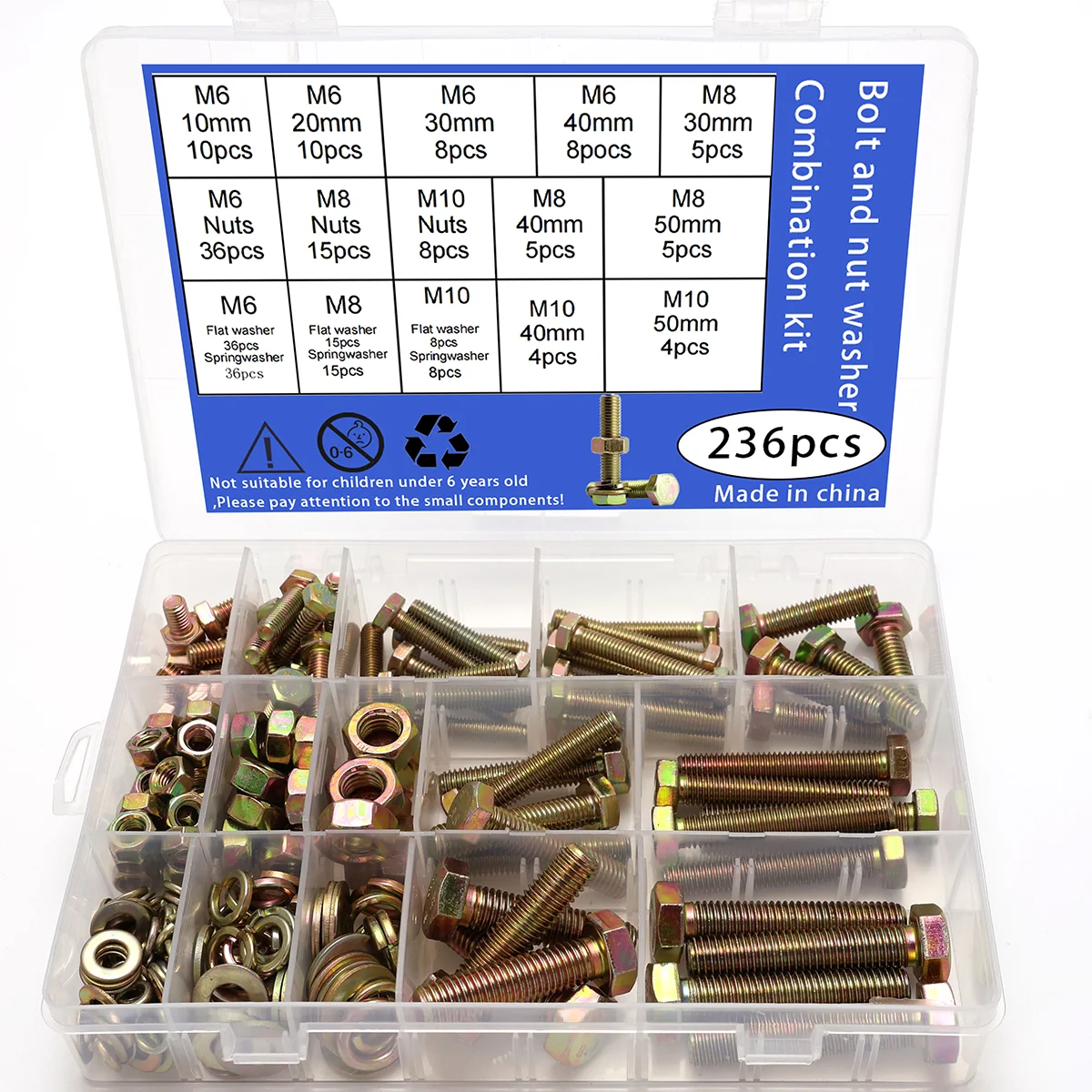 236pcs- color-plated galvanized hex bolts, nuts, and washers | M6/M8/M10 metric size | Includes flat washers/spring washers |