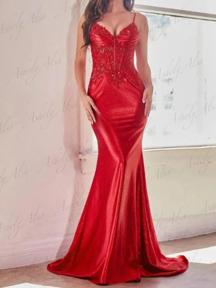 Glitter Satin Mermaid Evening Formal Dresses Spaghetti Strap Lace Applique Sheer Bodice Long Women Wedding Guest Party Gown Prom