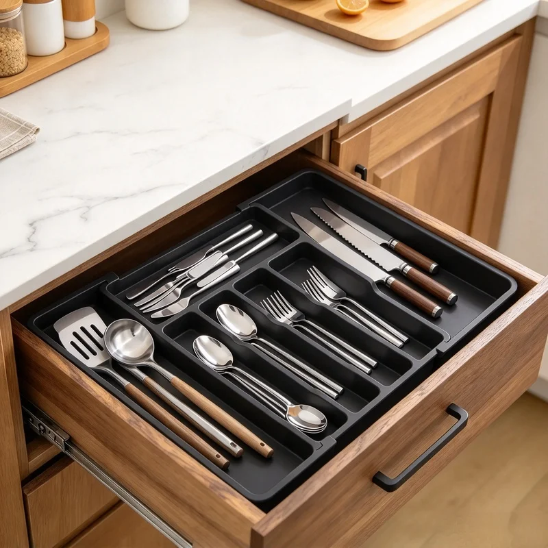 Adjustable Expandable Plastic Utensil Tray Silverware Drawer Organizer for Spoons Forks Knives Tableware Storage