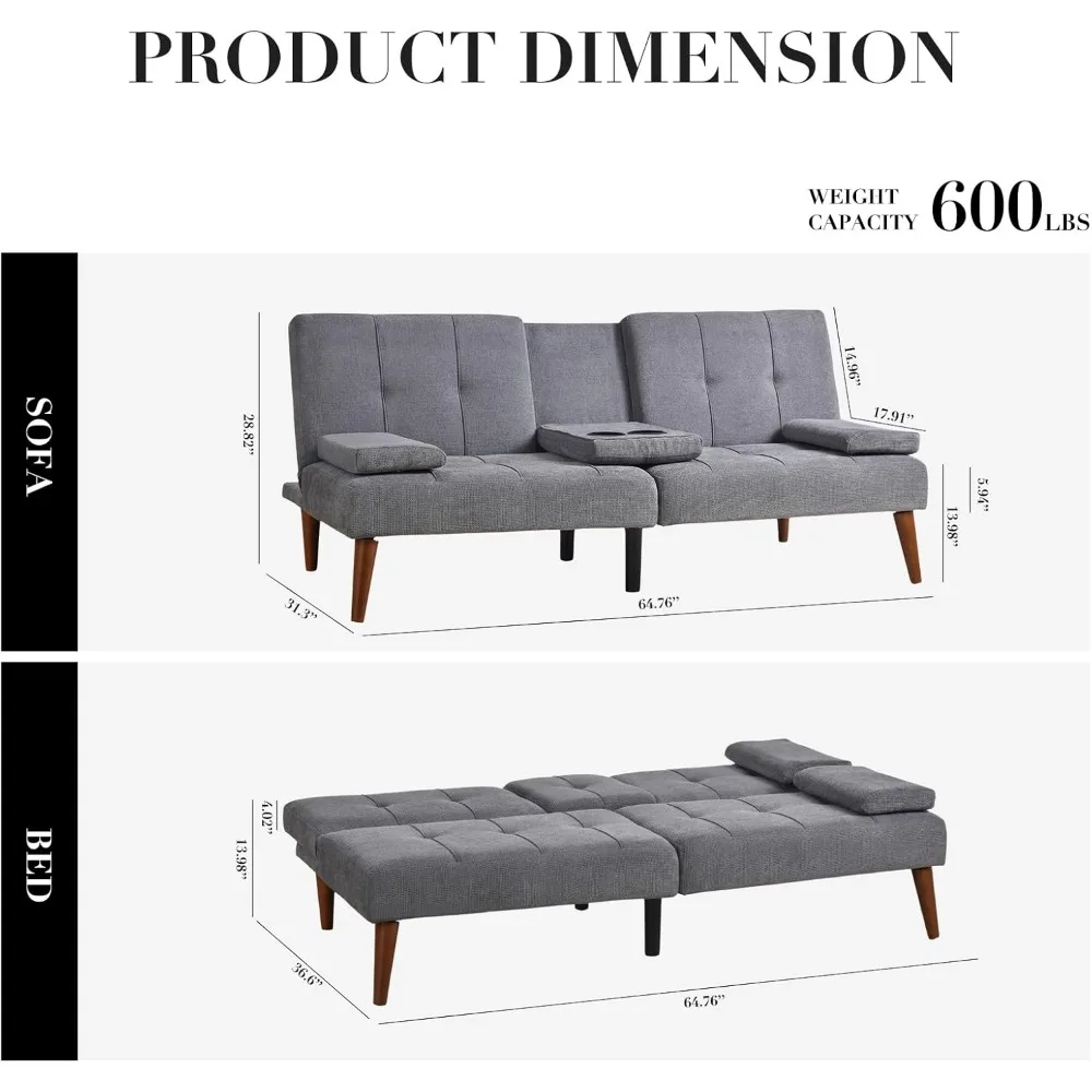 أريكة كولامي فوتون، أريكة صغيرة من القماش، صالة صغيرة قابلة للتحويل مع حاملين أكواب، مسند ذراع ناعم قابل للإزالة، ظهر قابل للتعديل