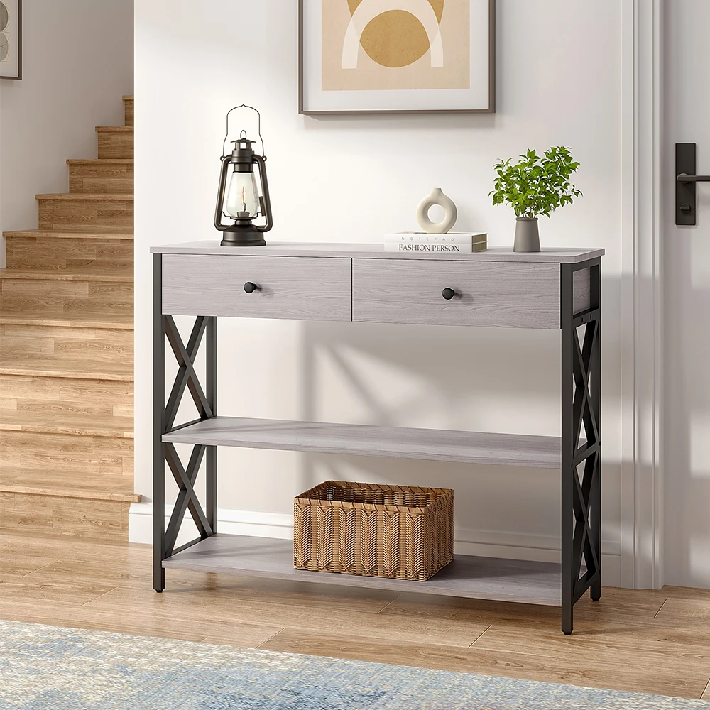 Rustic Grey Narrow Wooden Console Table with Drawers