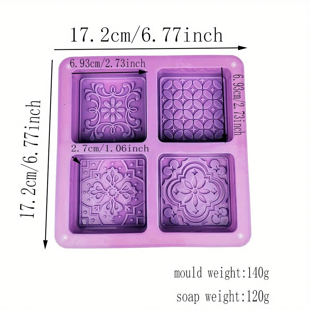 4-Cavity Square Soap Mold with Floral Designs - Silicone Soap Making Molds for DIY Projects