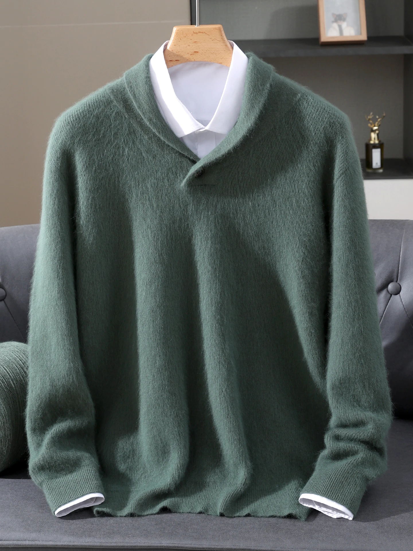 

100% mink shirt solid color green fruit neck knitted sweater autumn and winter new loose warm casual business bottoming shirt