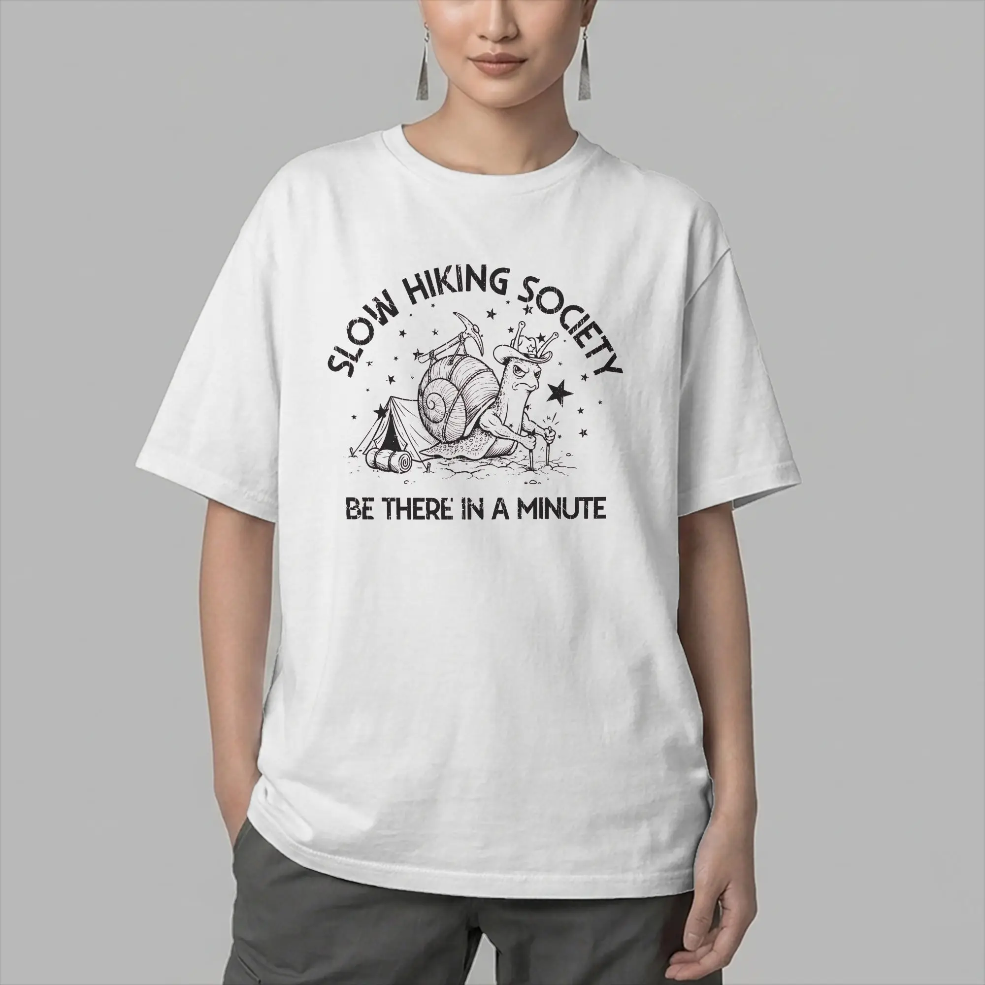 Cowboy Snail Slow Hiking Society Camping Funny Hiker T-Shirts for Men  Cotton Tees Round Collar Short Sleeve T Shirts Clothes