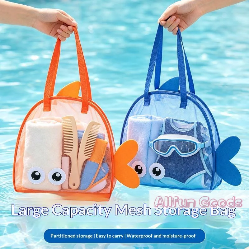 Cute Cartoon Large Capacity Storage Bag Foldable Breathable Mesh Sand Digging Toy Organizer Pouch For Travel Outdoor Sports