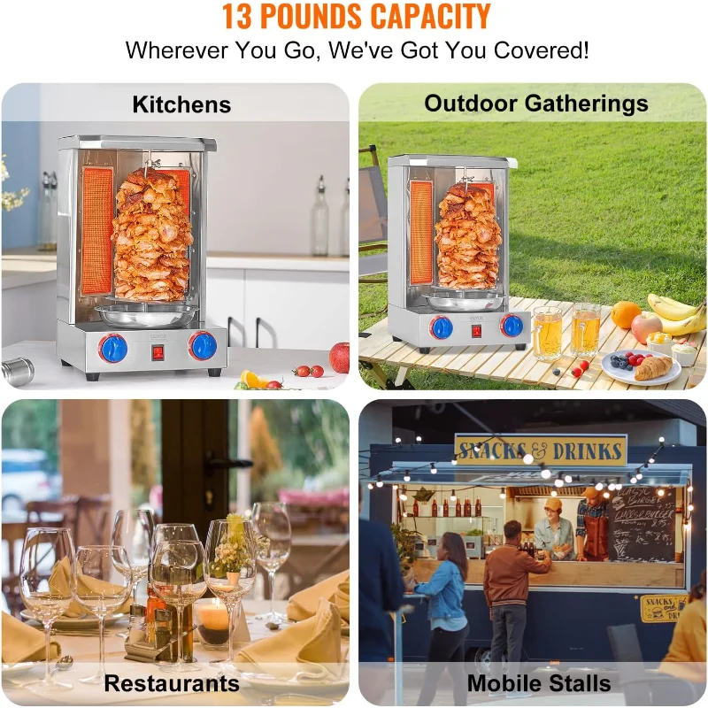 VEVOR Shawarma Grill Machine, 13 lbs Capacity, Chicken Shawarma Cooker Machine with 2 Burners, Gas Vertical Broiler Gyro