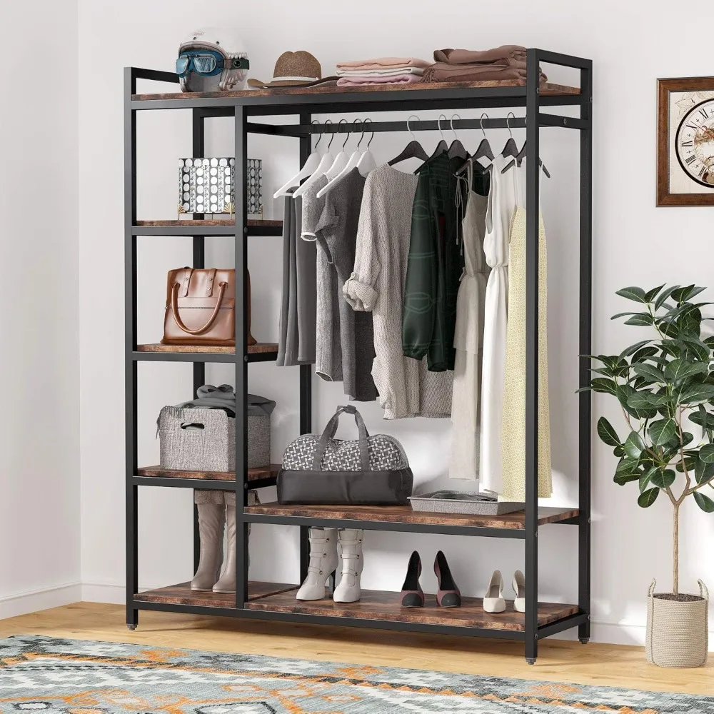 Free-standing Closet Organizer with 6 Storage Shelves and Hanging Bar, Large Standing Clothes Garment Rack