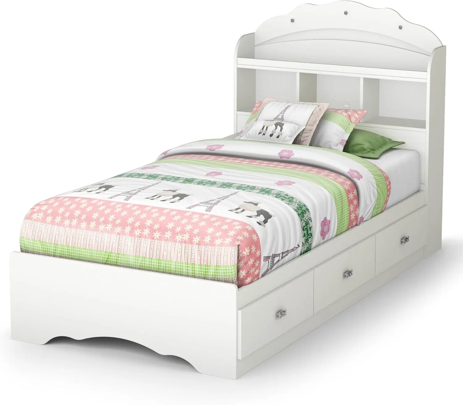 Wood Twin Bookcase Storage Bed in Pure White Mattress and accessories not included Economic option Transitional style